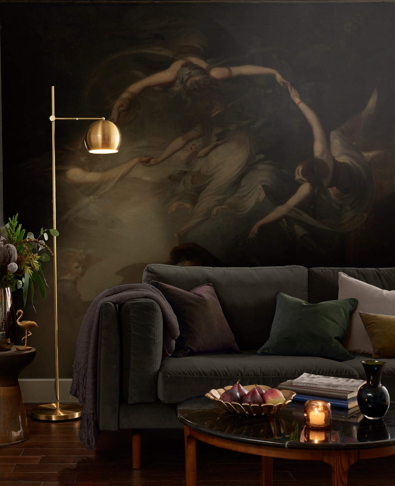 Dark dramatic mural in a luxury living room